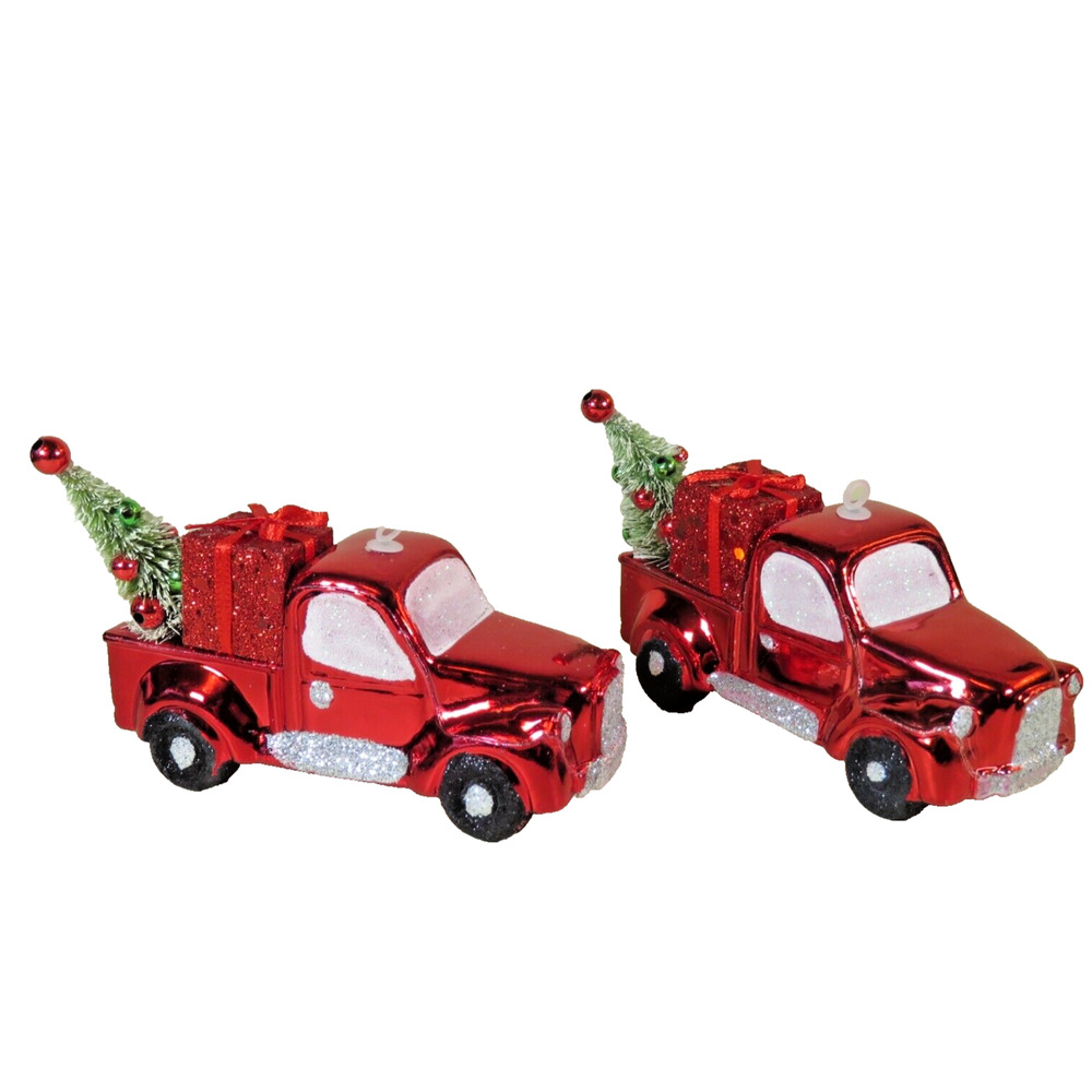 Christmas Farmhouse Red Vintage Truck Christmas Tree Ornaments Decor set of 2